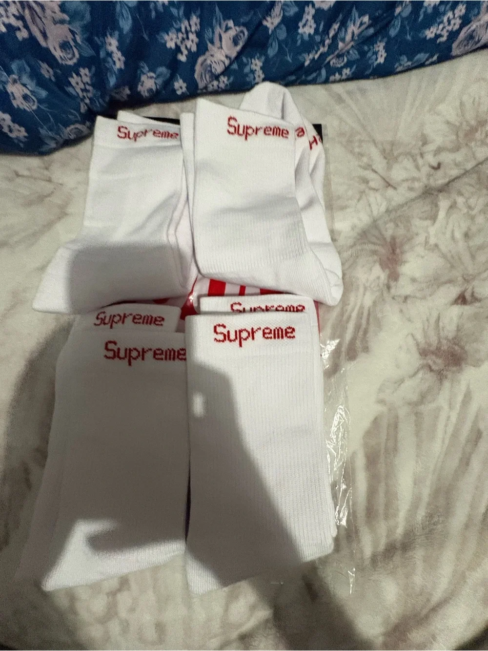 Supreme White Crew Socks with Red Logo - 4 Pack